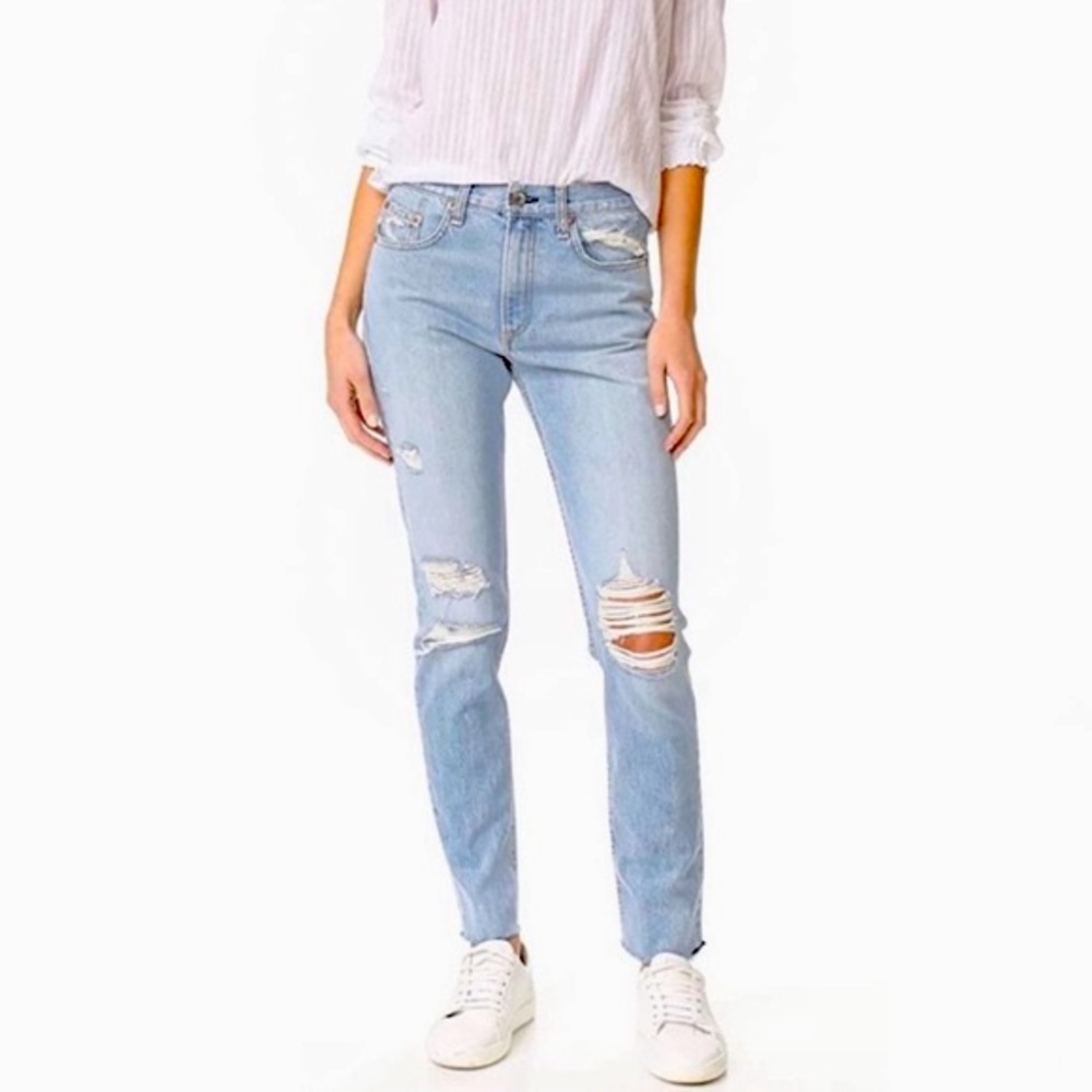rag & bone Marilyn Distressed Straight Leg Raw Hem Crop Jeans Light Blue 31 NWT